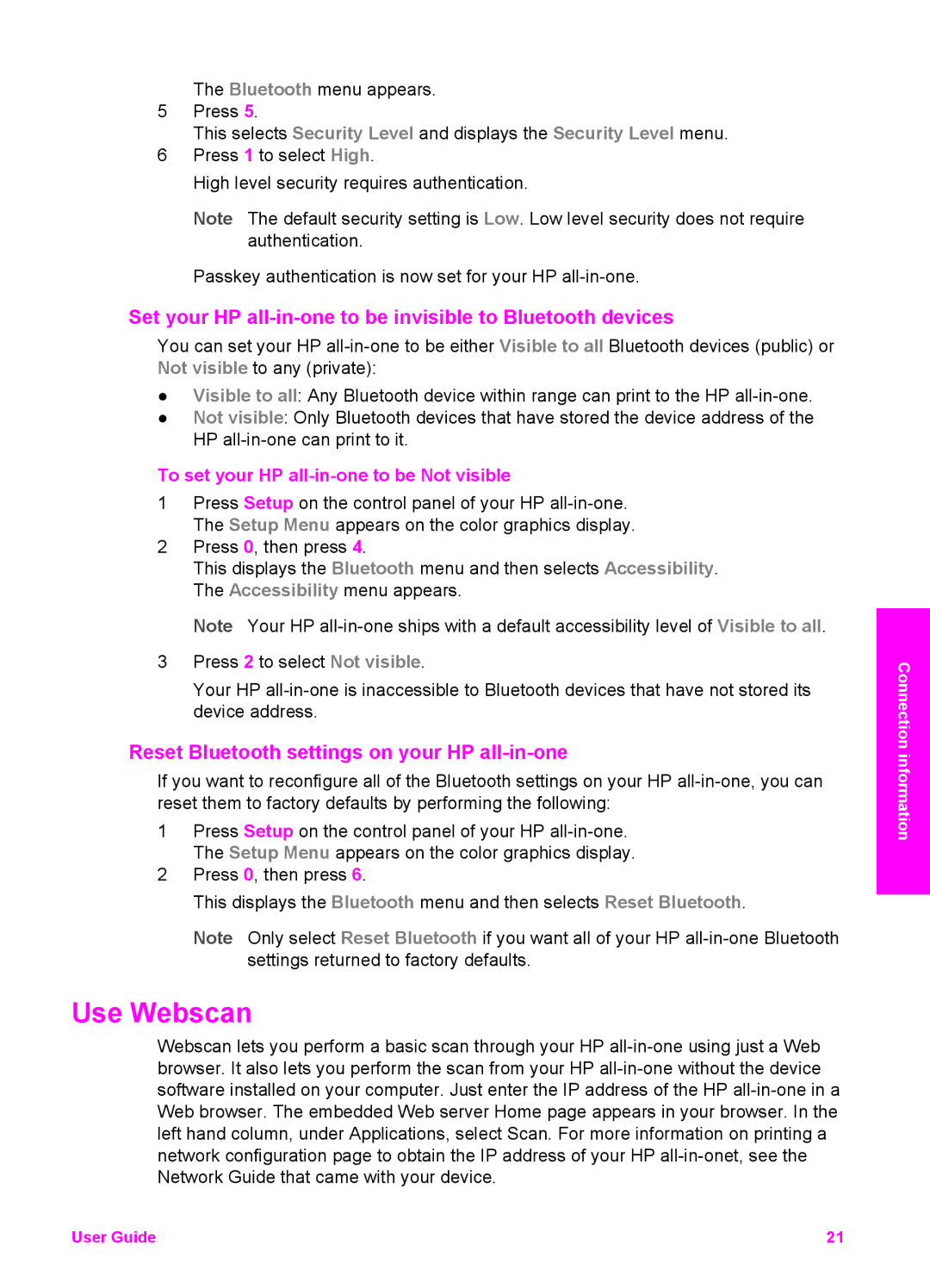 HP 7410xi, 7310xi manual Use Webscan, Set your HP all-in-one to be invisible to Bluetooth devices 