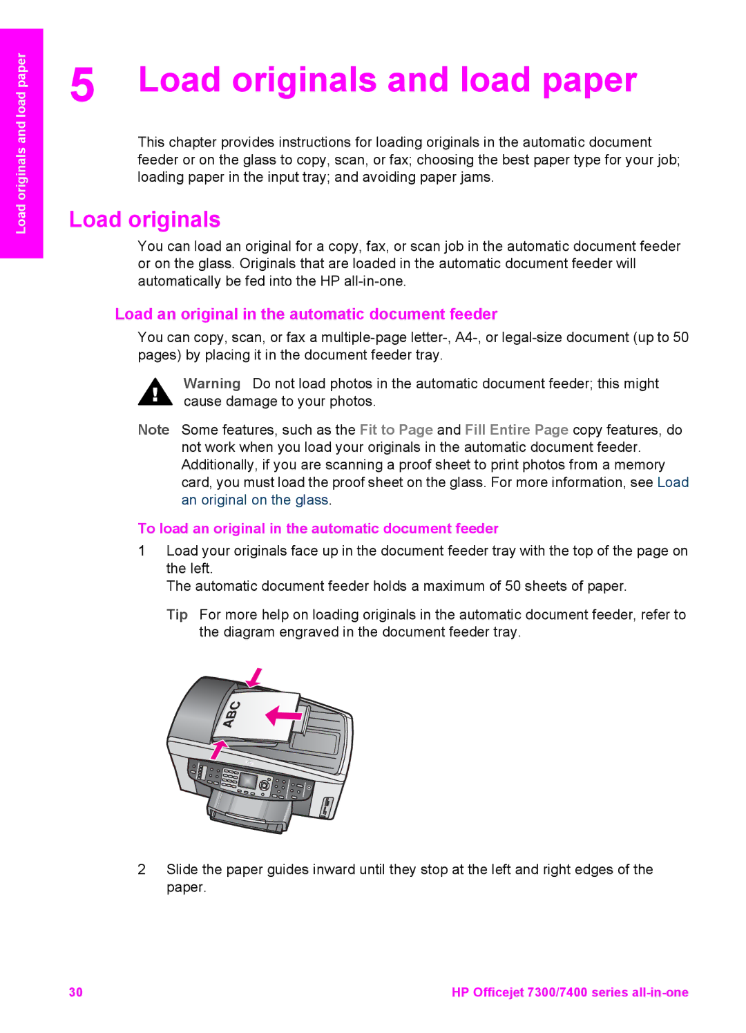 HP 7410xi, 7310xi manual Load originals and load paper, Load an original in the automatic document feeder 