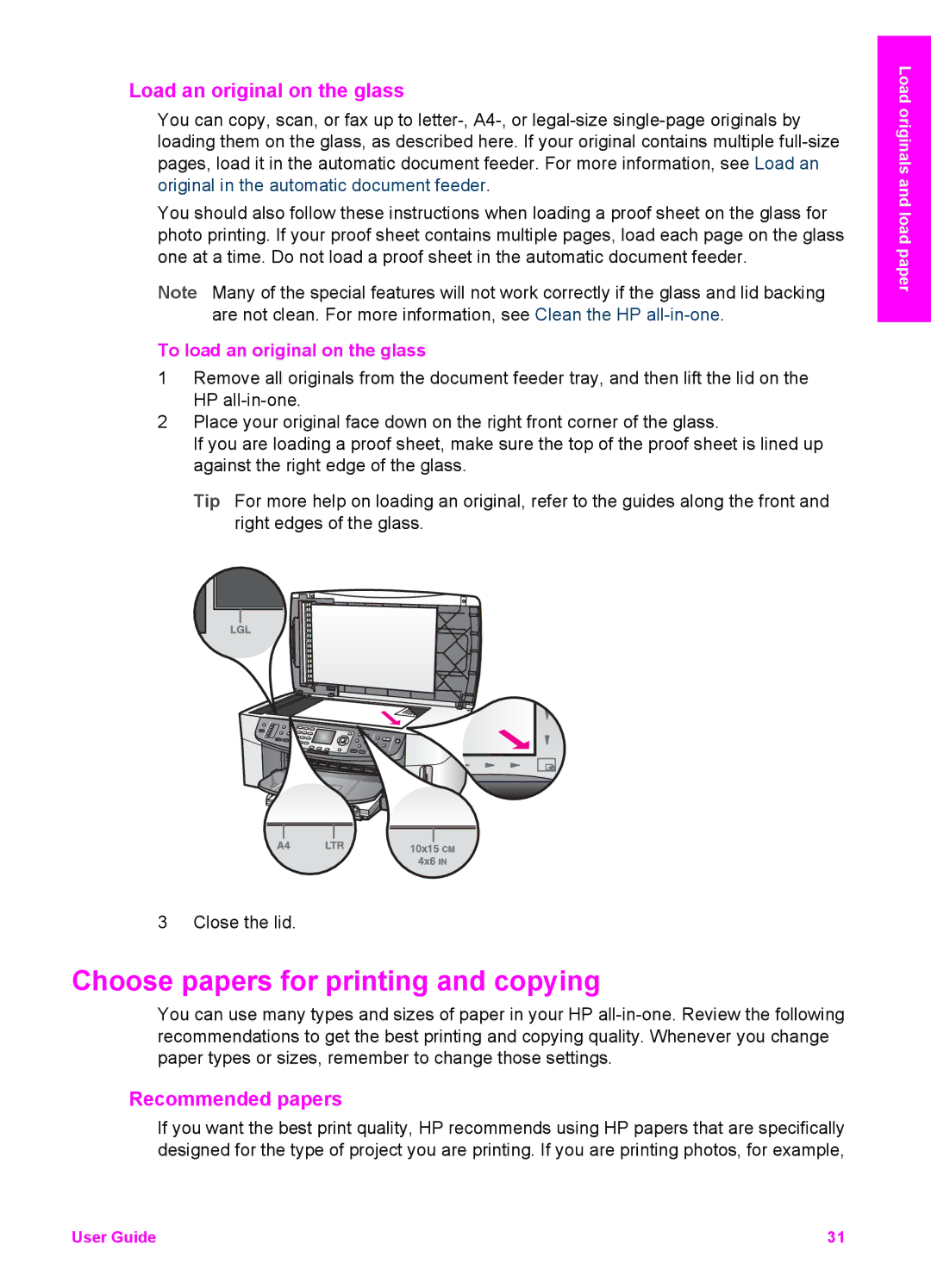 HP 7310xi, 7410xi manual Choose papers for printing and copying, Load an original on the glass, Recommended papers 