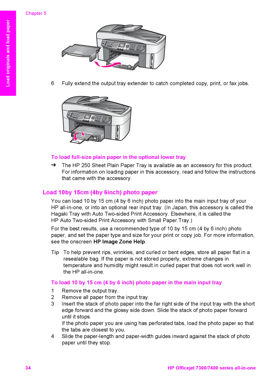 HP 7410xi, 7310xi manual Load 10by 15cm 4by 6inch photo paper, To load full-size plain paper in the optional lower tray 