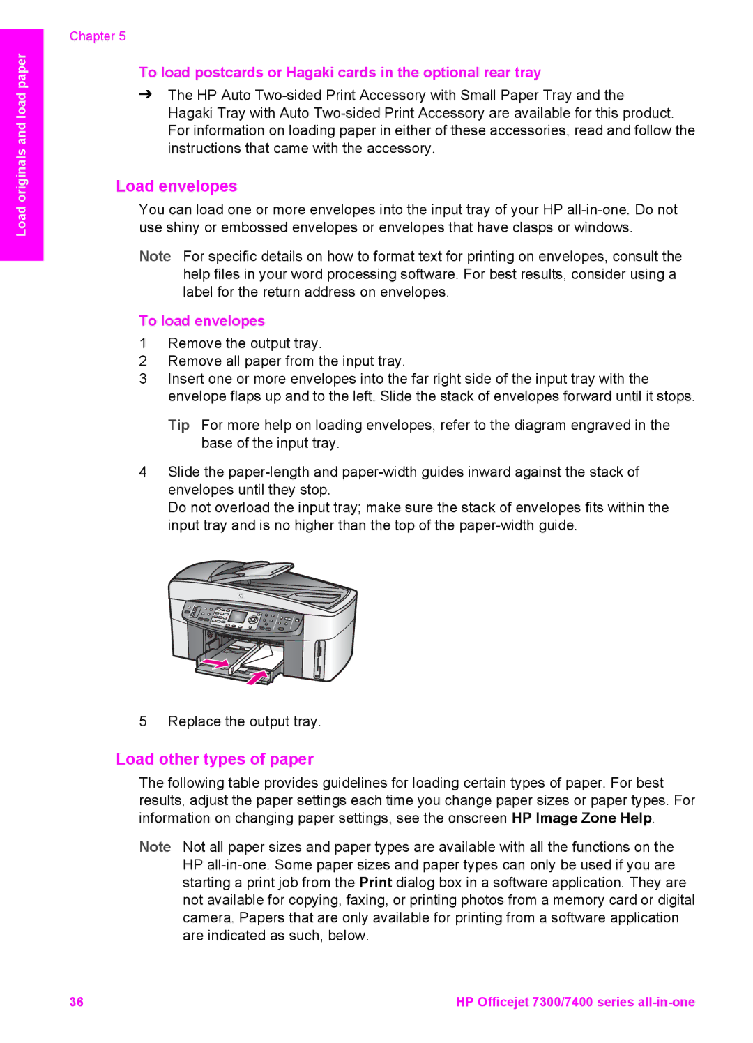 HP 7310, 7410 manual Load envelopes, Load other types of paper, To load postcards or Hagaki cards in the optional rear tray 