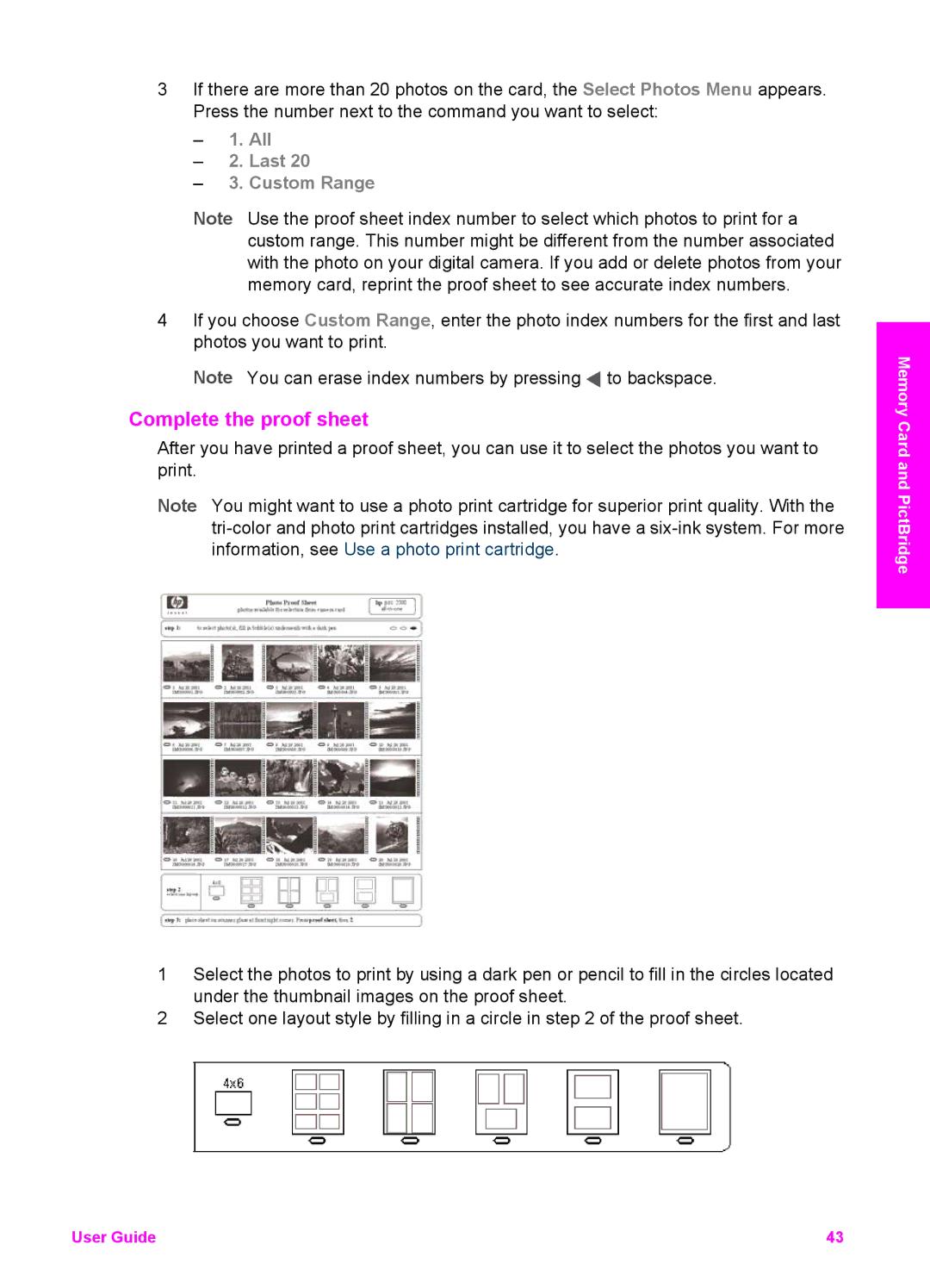 HP 7310xi, 7410xi manual Complete the proof sheet, All Last Custom Range 