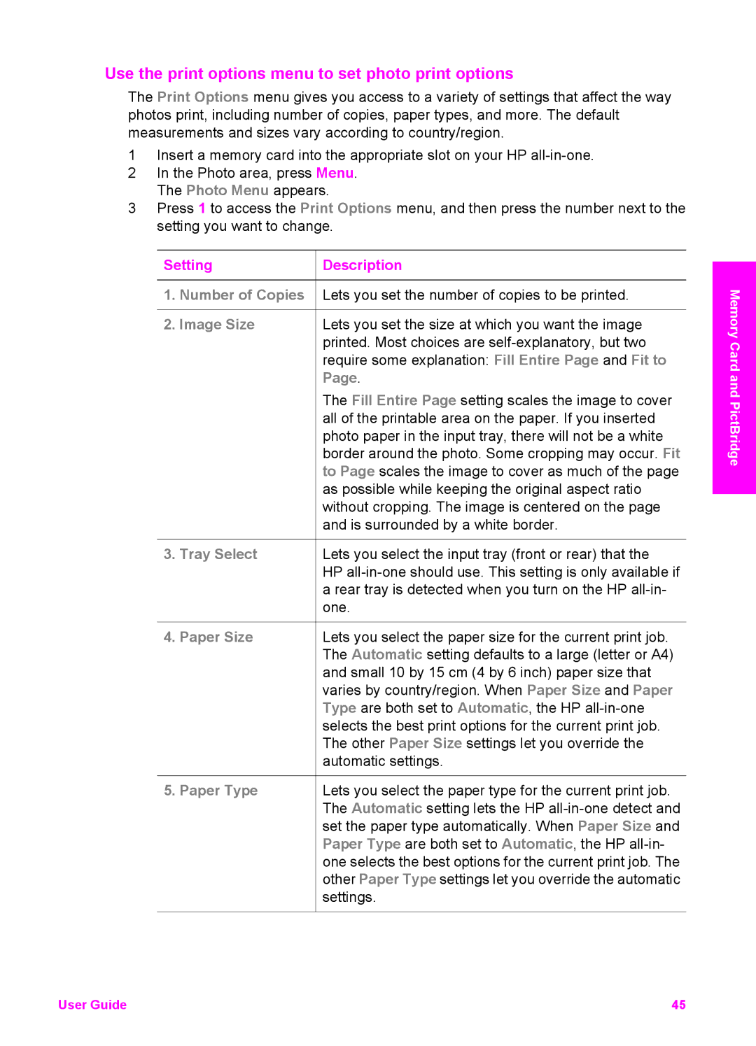 HP 7410xi, 7310xi manual Use the print options menu to set photo print options, SettingDescription 