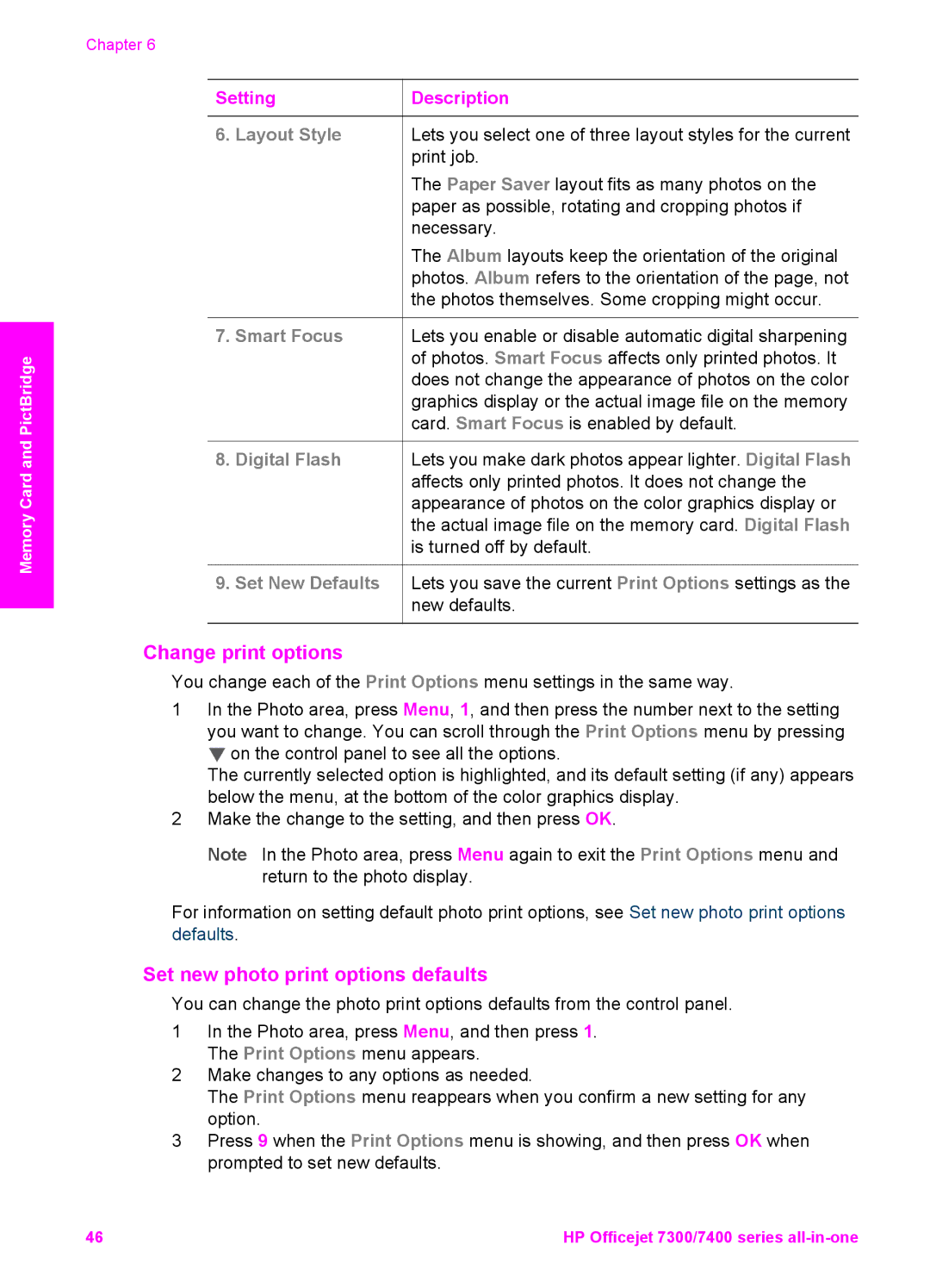 HP 7410xi, 7310xi manual Change print options, Set new photo print options defaults, Setting Description 