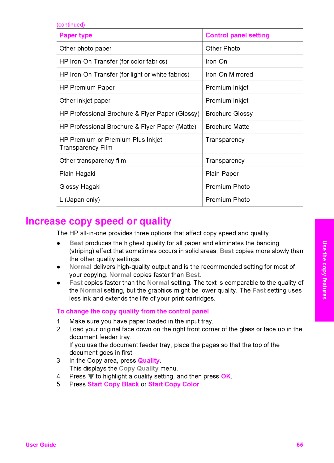 HP 7310xi, 7410xi manual Increase copy speed or quality, To change the copy quality from the control panel 