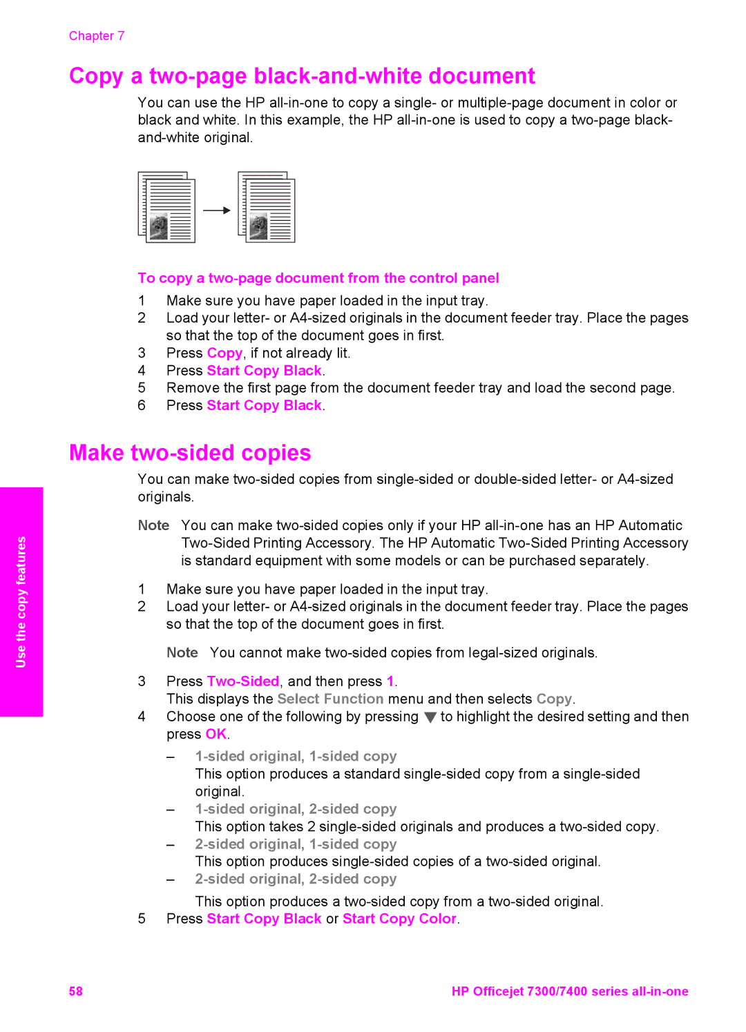 HP 7410xi, 7310xi manual Copy a two-page black-and-white document, Make two-sided copies, Press Start Copy Black 