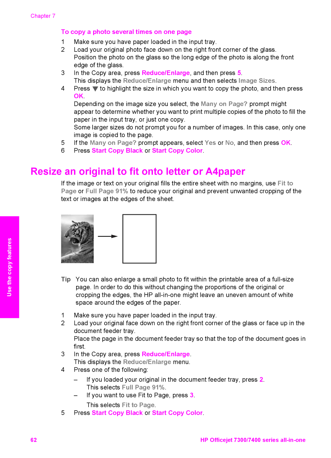 HP 7410xi, 7310xi manual Resize an original to fit onto letter or A4paper, To copy a photo several times on one 