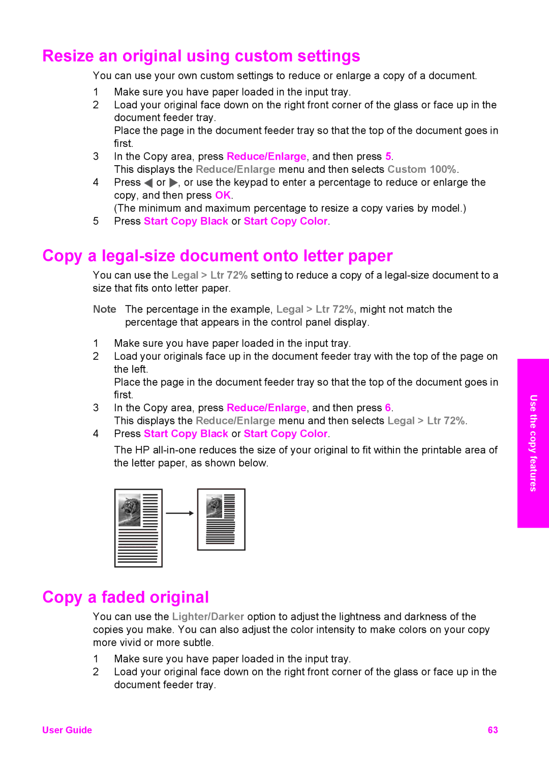 HP 7310xi Resize an original using custom settings, Copy a legal-size document onto letter paper, Copy a faded original 