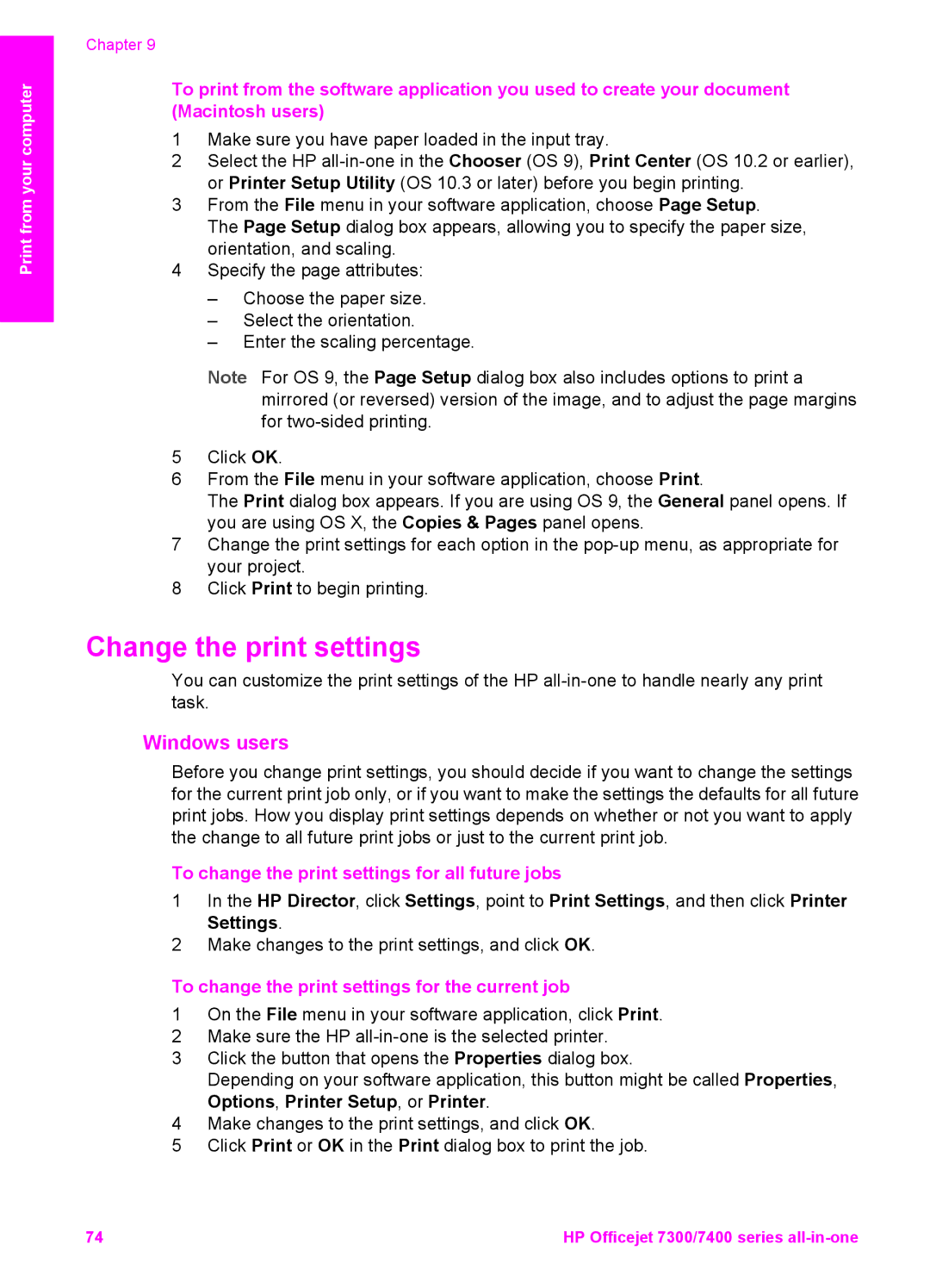 HP 7410xi, 7310xi manual Change the print settings, Windows users, To change the print settings for all future jobs 