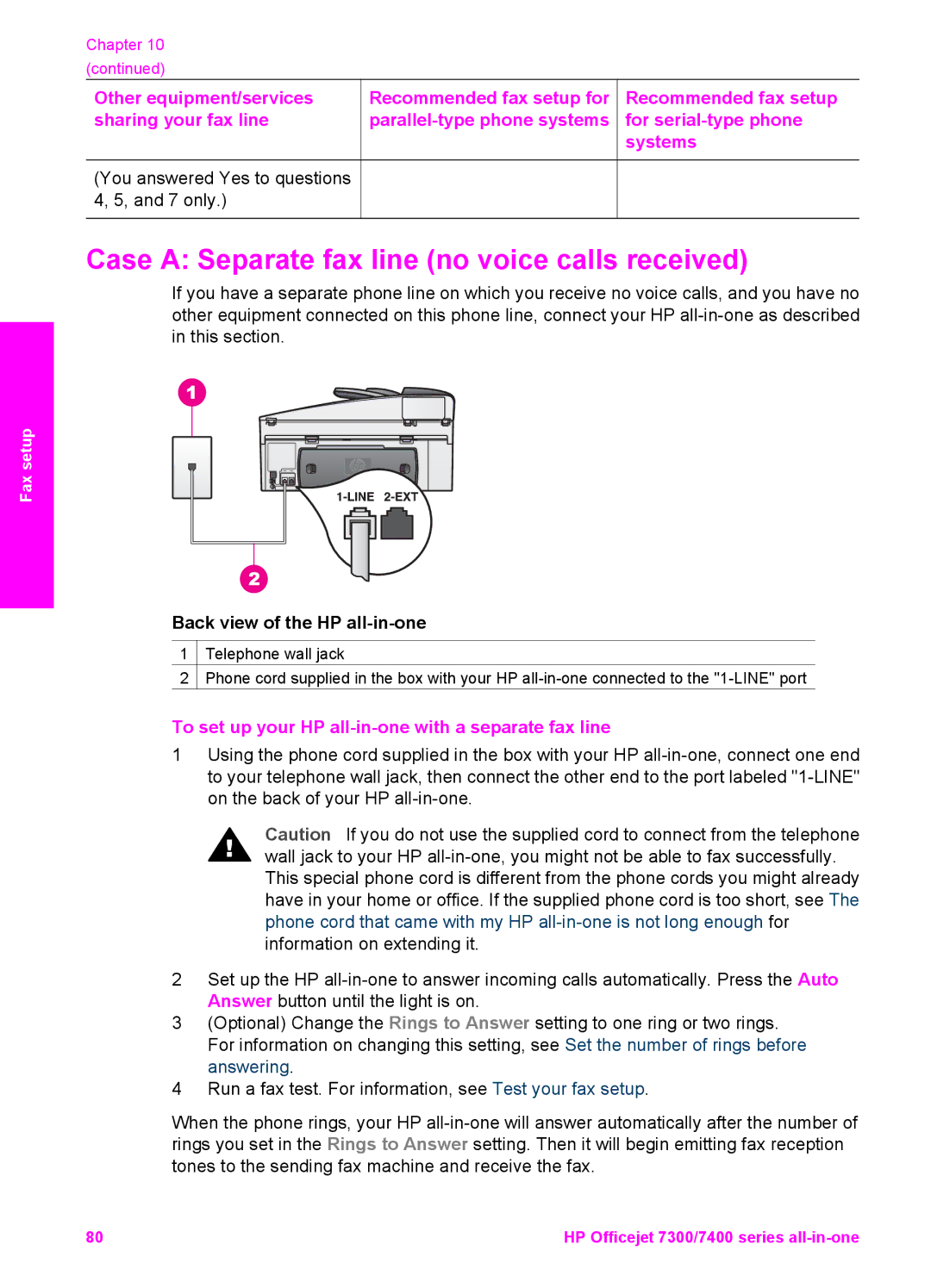 HP 7310, 7410 manual Case a Separate fax line no voice calls received, To set up your HP all-in-one with a separate fax line 