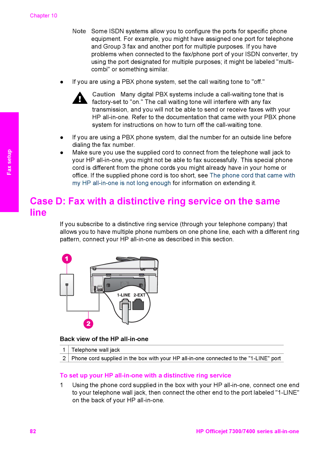 HP 7410xi, 7310xi manual Case D Fax with a distinctive ring service on the same line 