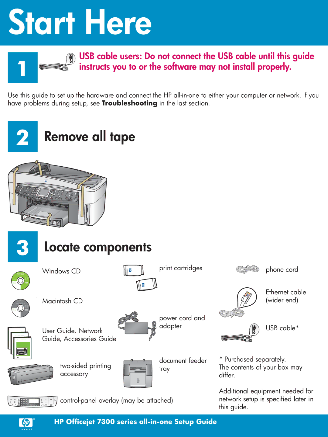 HP 7410xi, 7310xi manual Start Here, Remove all tape Locate components 