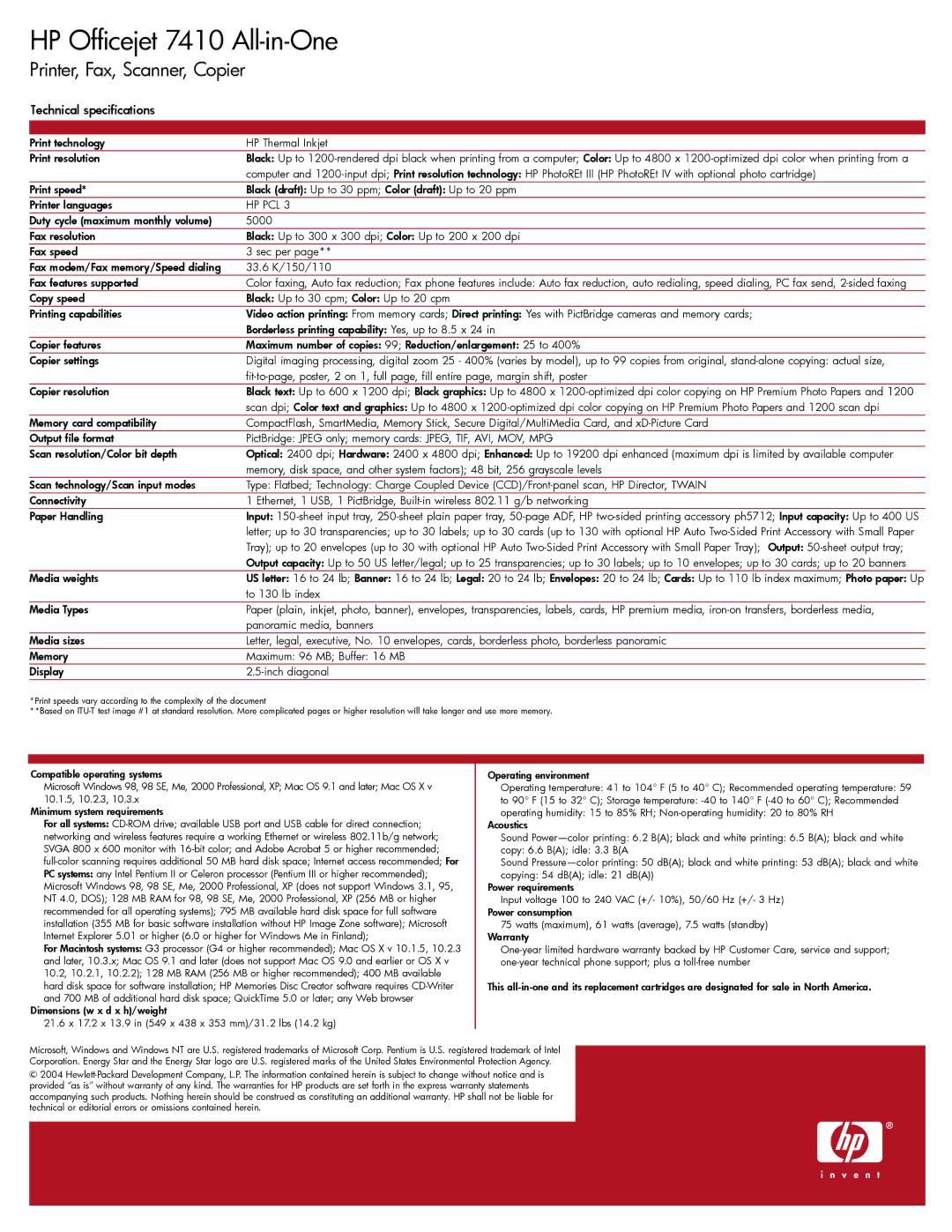 HP 7410 manual Technical specifications, Hp Pcl 