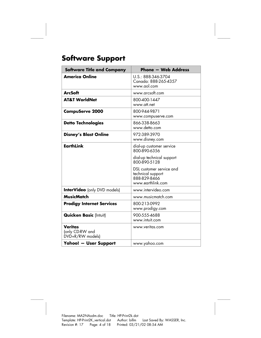 HP 552w (US), 532w (US) Software Support, Software Title and Company Phone Web Address America Online, Yahoo! User Support 