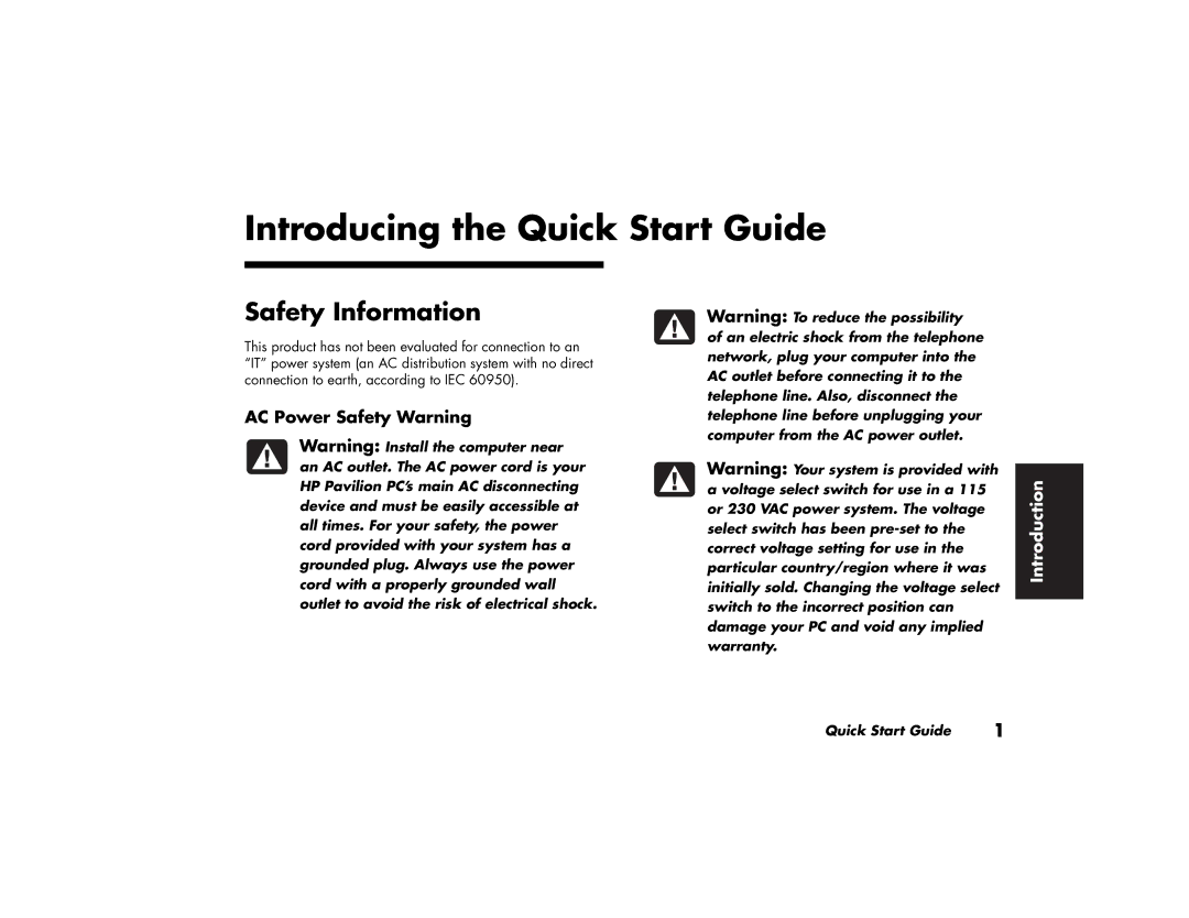 HP 752c (US/CAN), 742c (US/CAN), 732c (US) Introducing the Quick Start Guide, Safety Information, AC Power Safety Warning 