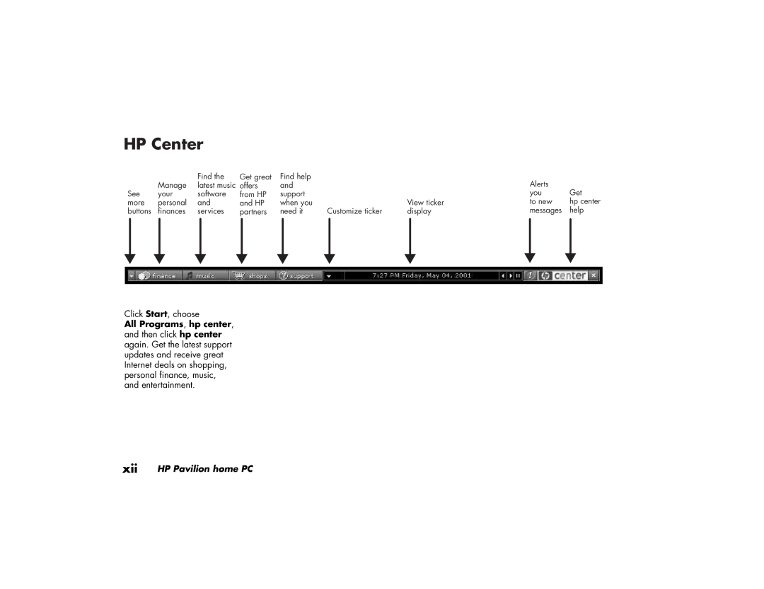 HP 732c (US), 742c (US/CAN), 542x (US), 522n (US/CAN) manual HP Center, Click Start, choose, HP Pavilion home PC, hp center 