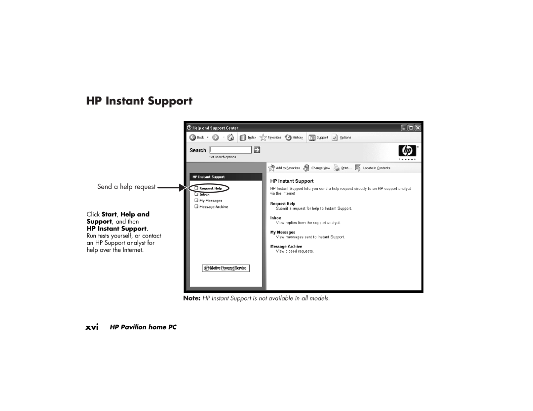 HP 752w (US/CAN), 742c (US/CAN) manual HP Instant Support, Click Start, Help and, Support, and then, xvi HP Pavilion home PC 