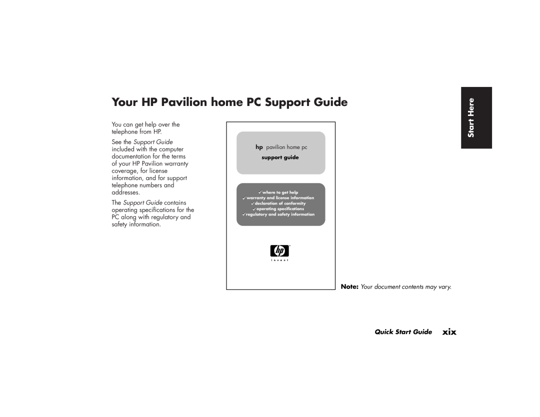 HP 502n (US) Your HP Pavilion home PC Support Guide, Here, Note Your document contents may vary, Quick Start Guide 