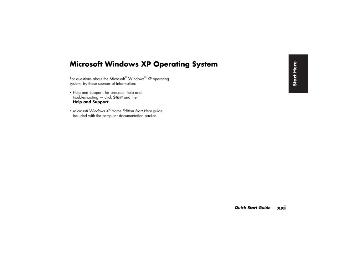 HP 512n (US/CAN), 742c (US/CAN), 732c (US), 542x (US) Microsoft Windows XP Operating System, Start Here, Quick Start Guide 