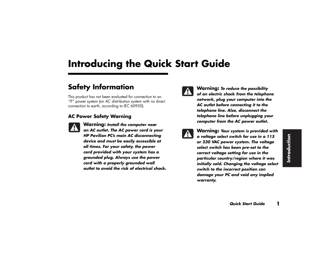 HP 752c (US/CAN), 732c (US) Introducing the Quick Start Guide, Safety Information, AC Power Safety Warning, Introduction 