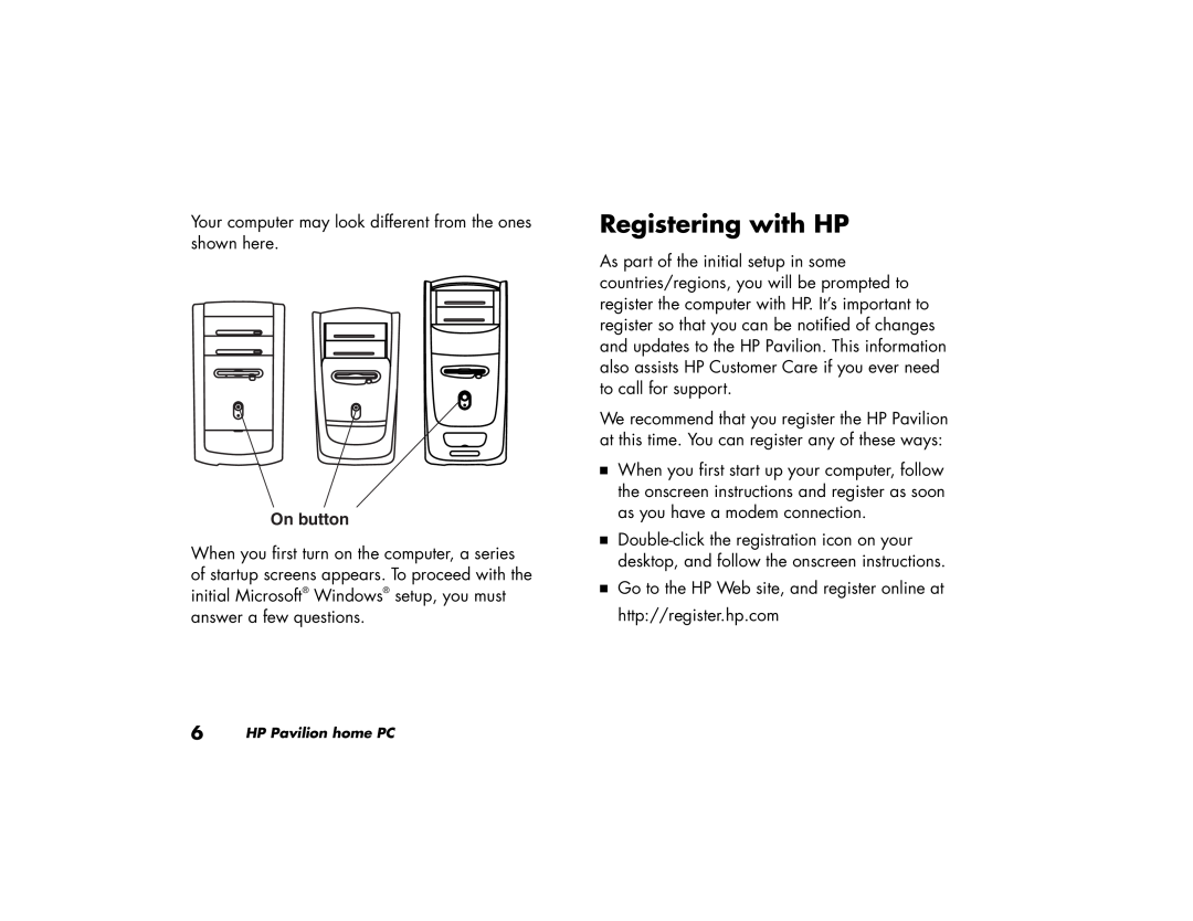 HP 512c (US/CAN), 742c (US/CAN), 732c (US), 542x (US), 522n (US/CAN), 522c (US/CAN), 502n (US) Registering with HP, On button 