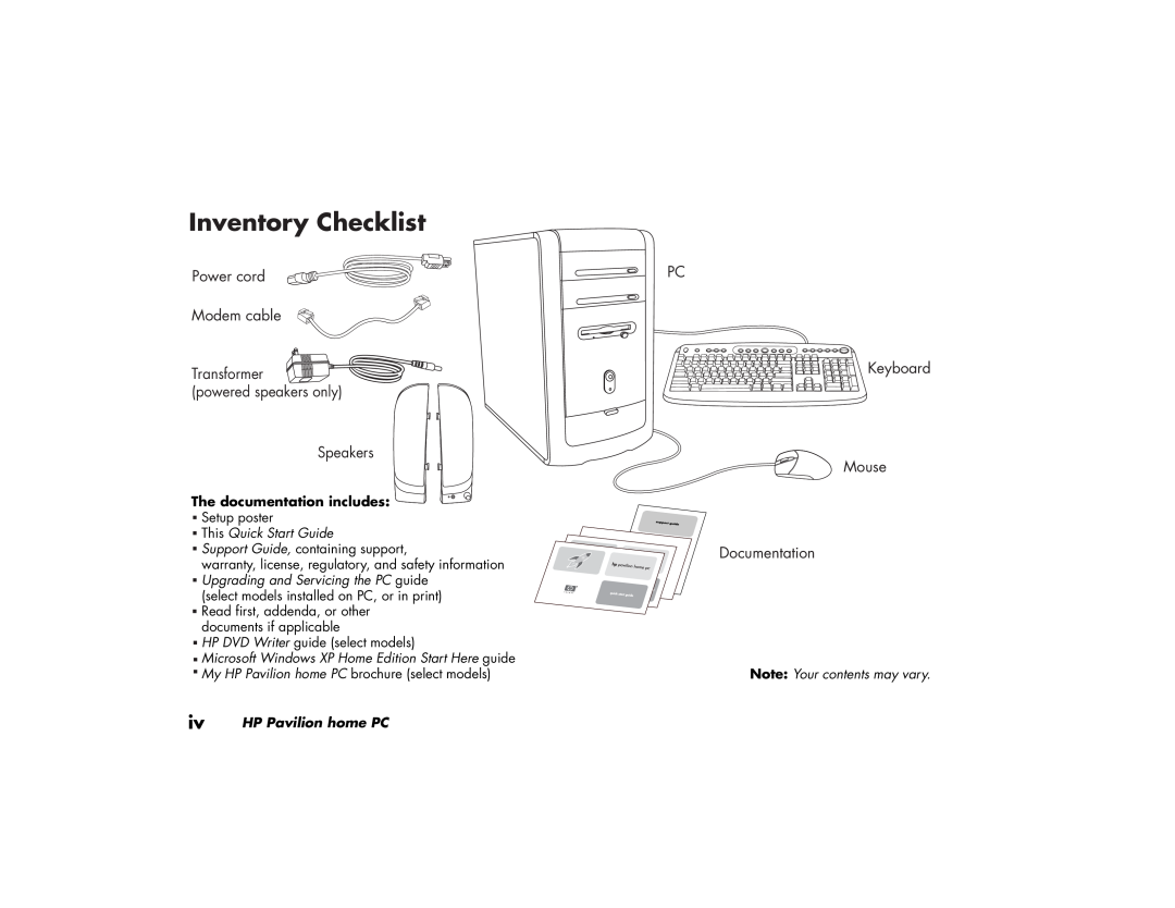 HP 752w (US/CAN) Inventory Checklist, The documentation includes, This Quick Start Guide, Note Your contents may vary 