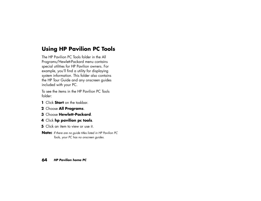 HP 512x (US) manual Using HP Pavilion PC Tools, Choose All Programs 3 Choose Hewlett-Packard, Click hp pavilion pc tools 