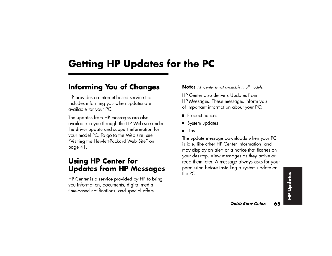 HP 512n (US/CAN) Getting HP Updates for the PC, Informing You of Changes, Using HP Center for Updates from HP Messages 