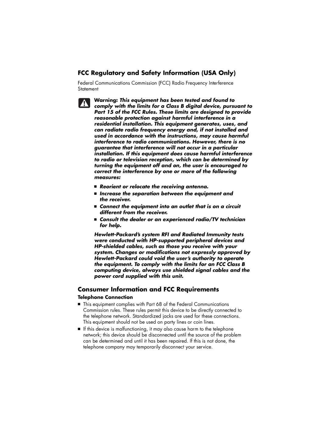 HP 502n (US), 742n (US) manual FCC Regulatory and Safety Information USA Only, Consumer Information and FCC Requirements 