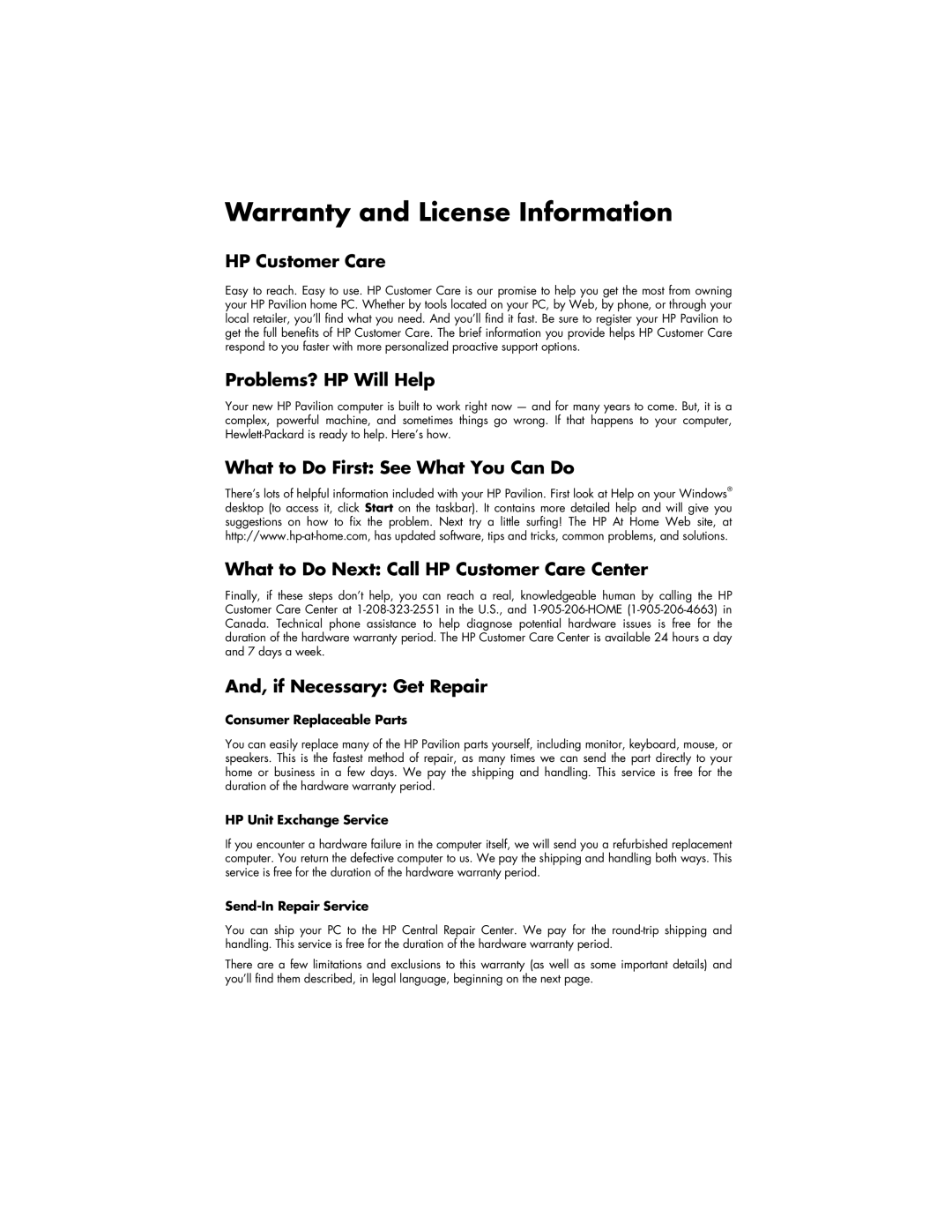 HP 522n (US/CAN) Warranty and License Information, HP Customer Care, Problems? HP Will Help, And, if Necessary Get Repair 