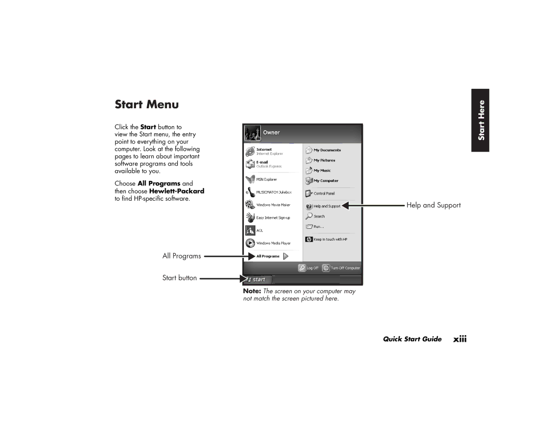 HP 304n (US), 743c (US/CAN), 733n (US), 703c (US), 533w (US), 533c (US/CAN), 523w (US), 523n (US/CAN), 543x (US) manual Start Menu 