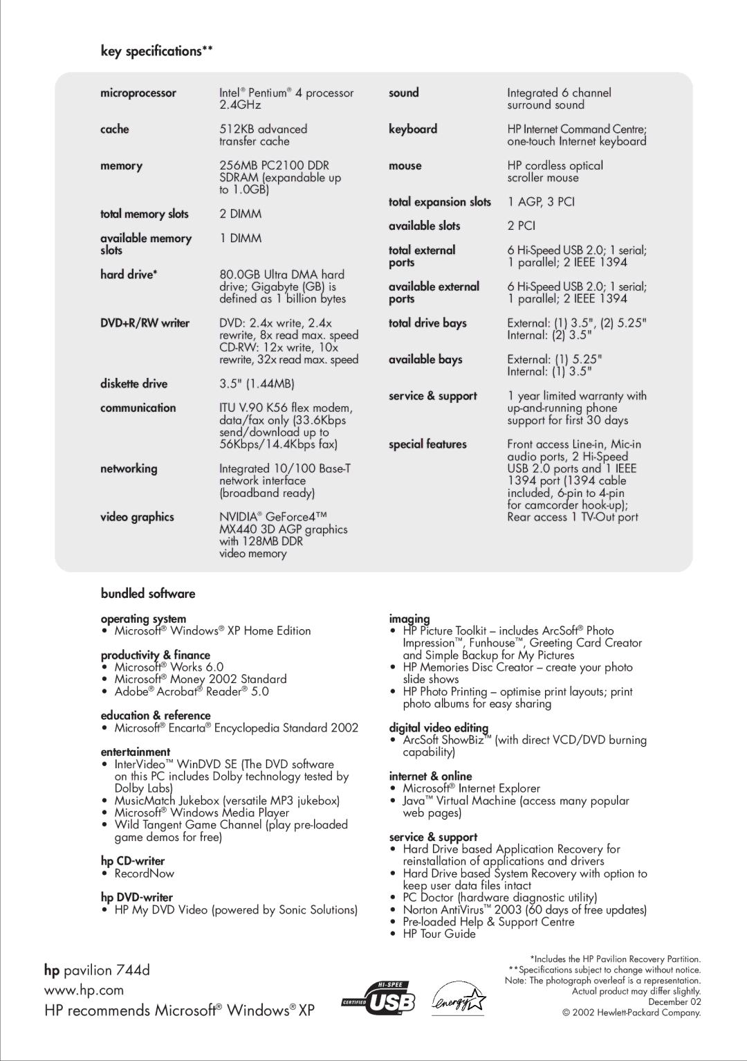 HP 744d (AP) manual HP recommends Microsoft Windows XP, Key specifications, Dimm, Pci 