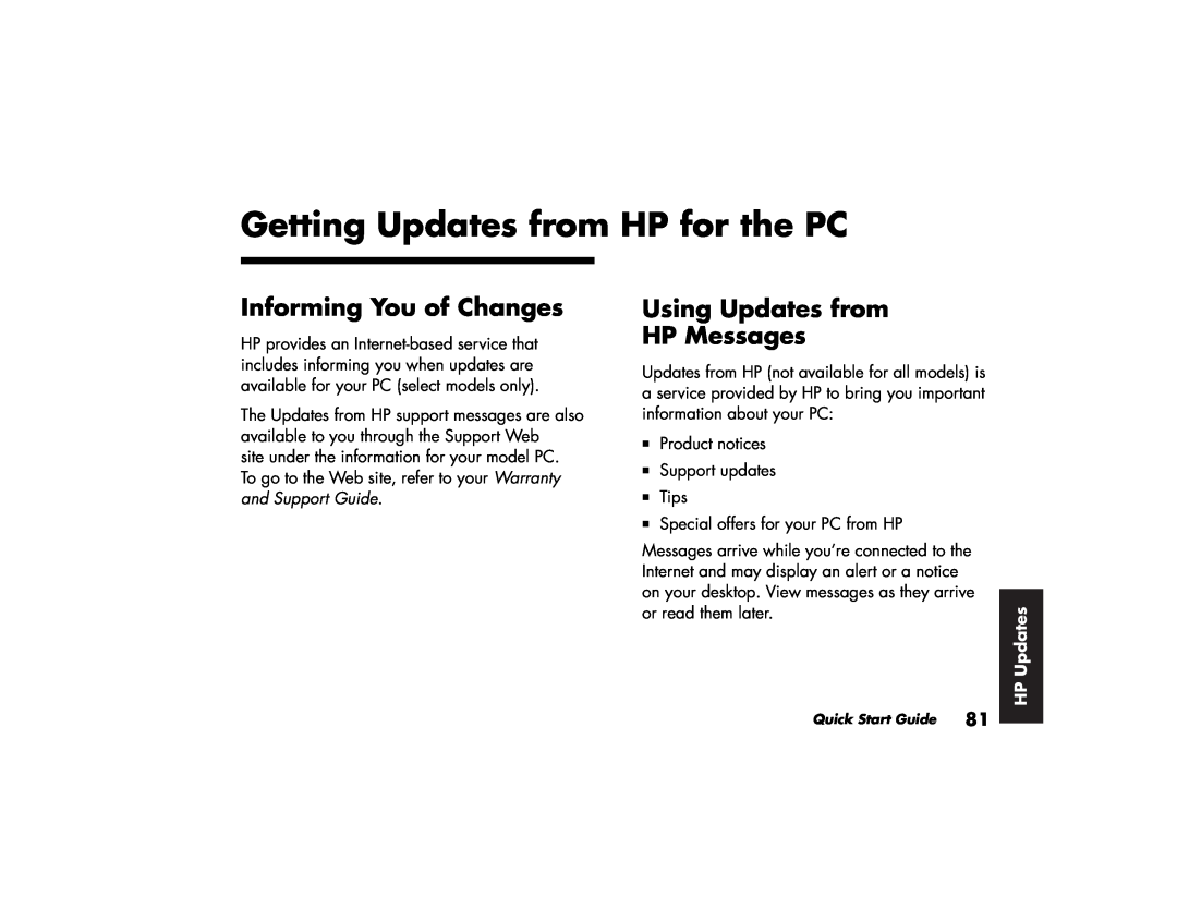 HP 576x (US), 746c (US/CAN) Getting Updates from HP for the PC, Informing You of Changes, Using Updates from HP Messages 