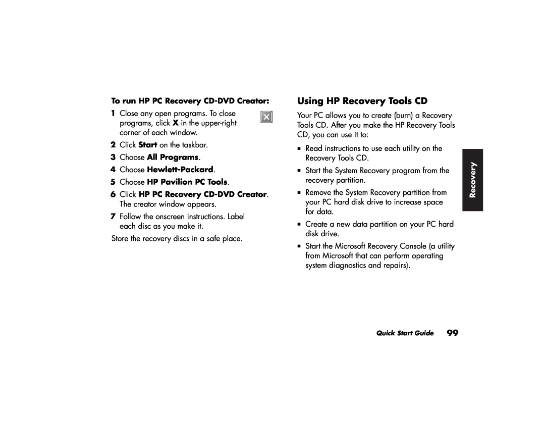 HP a250e (D7219L), 716n (US) Using HP Recovery Tools CD, To run HP PC Recovery CD-DVD Creator, Choose HP Pavilion PC Tools 