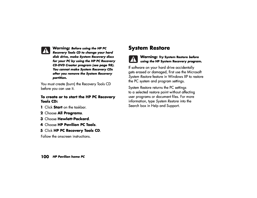 HP a250y (D7219V), a250n System Restore, To create or to start the HP PC Recovery Tools CD, Choose HP Pavilion PC Tools 