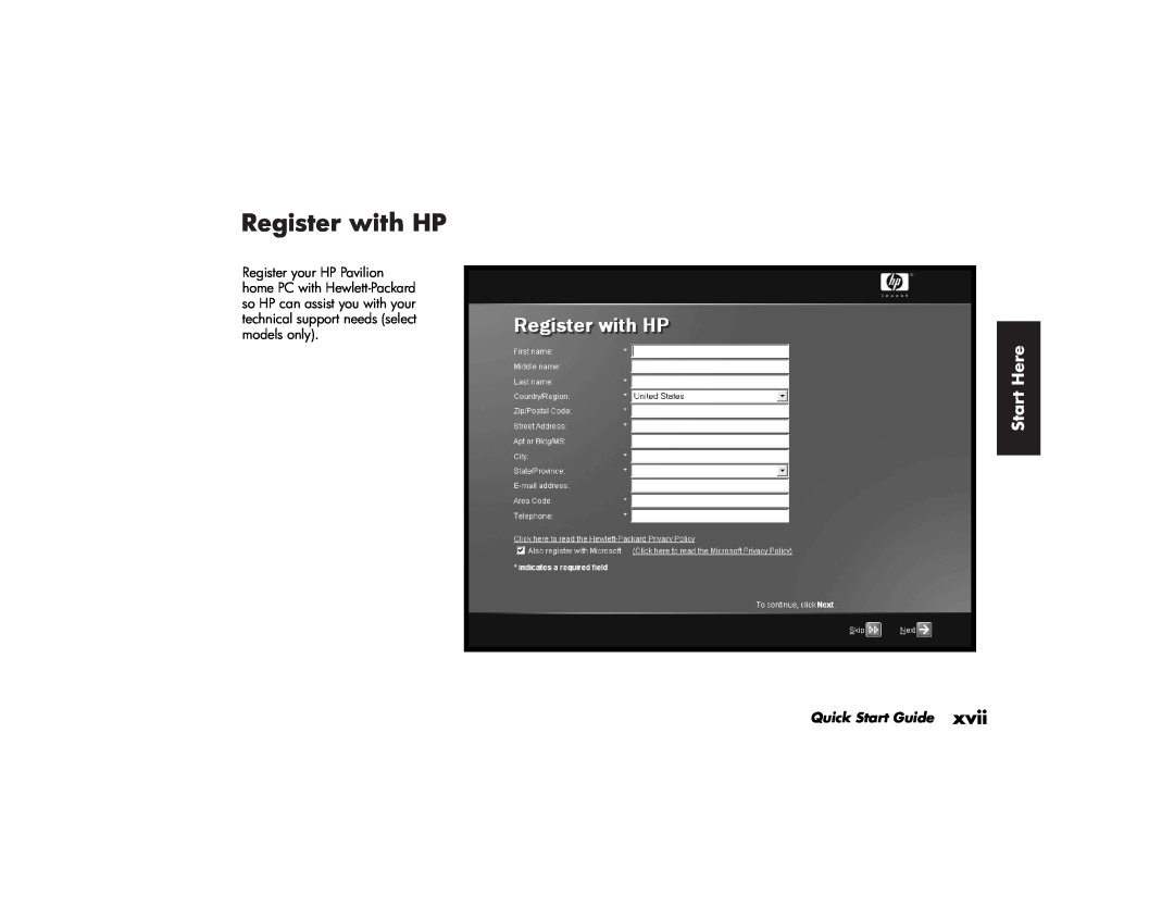 HP a250y (D7219X), 746c (US/CAN), 716n (US), 526x (US), 576x (US), 506x (US) Register with HP, Start Here, Quick Start Guide 