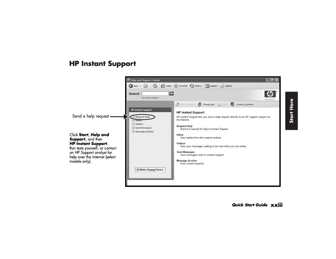 HP a250n, 746c (US/CAN) manual HP Instant Support, Start Here, Send a help request, Click Start, Help and, Quick Start Guide 