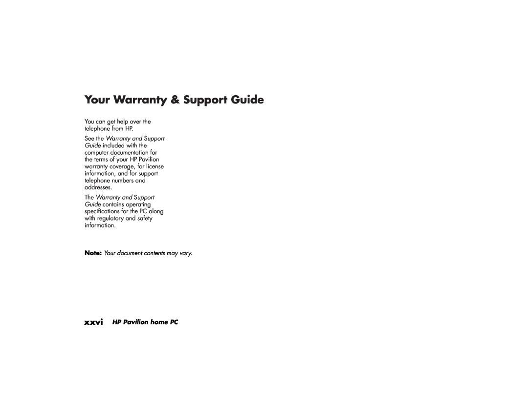 HP a244w (US/CAN), 716n (US) Your Warranty & Support Guide, Note Your document contents may vary, xxvi HP Pavilion home PC 