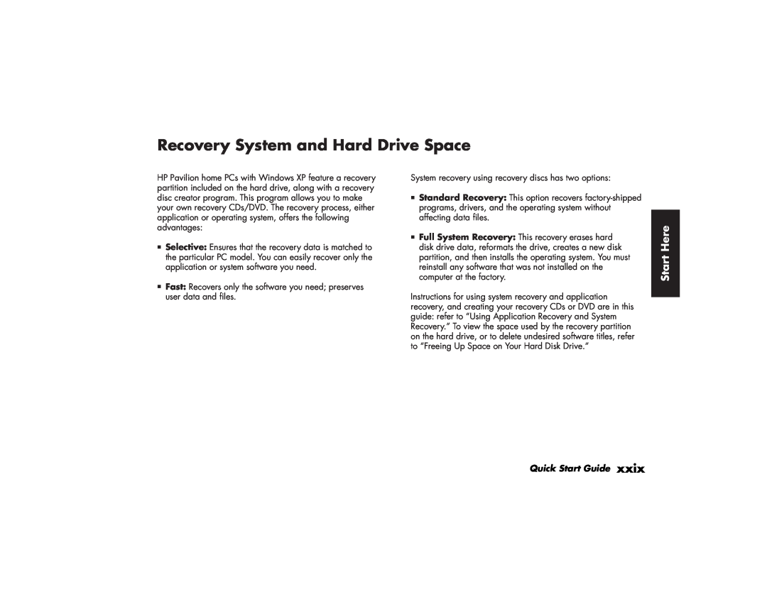 HP 526x (US), 746c (US/CAN), 716n (US), 576x (US), a250n Recovery System and Hard Drive Space, Start Here, Quick Start Guide 