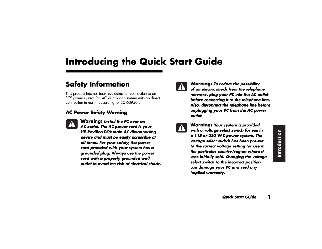 HP 506x (US), 746c (US/CAN) Introducing the Quick Start Guide, Safety Information, AC Power Safety Warning, Introduction 