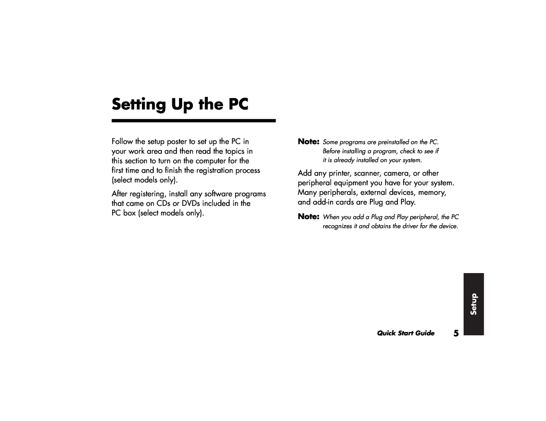 HP a290n (US/CAN), 746c (US/CAN), 716n (US), 526x (US), 576x (US), 506x (US), 516x (US), a200n (US/CAN) Setting Up the PC, Setup 