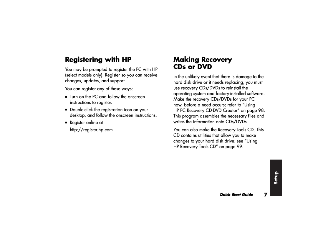 HP a265c (US/CAN), 746c (US/CAN), 716n (US), 526x (US), 576x (US), 506x (US) Registering with HP, Making Recovery CDs or DVD 