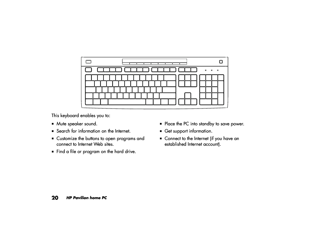 HP a250n This keyboard enables you to Mute speaker sound, Search for information on the Internet, HP Pavilion home PC 