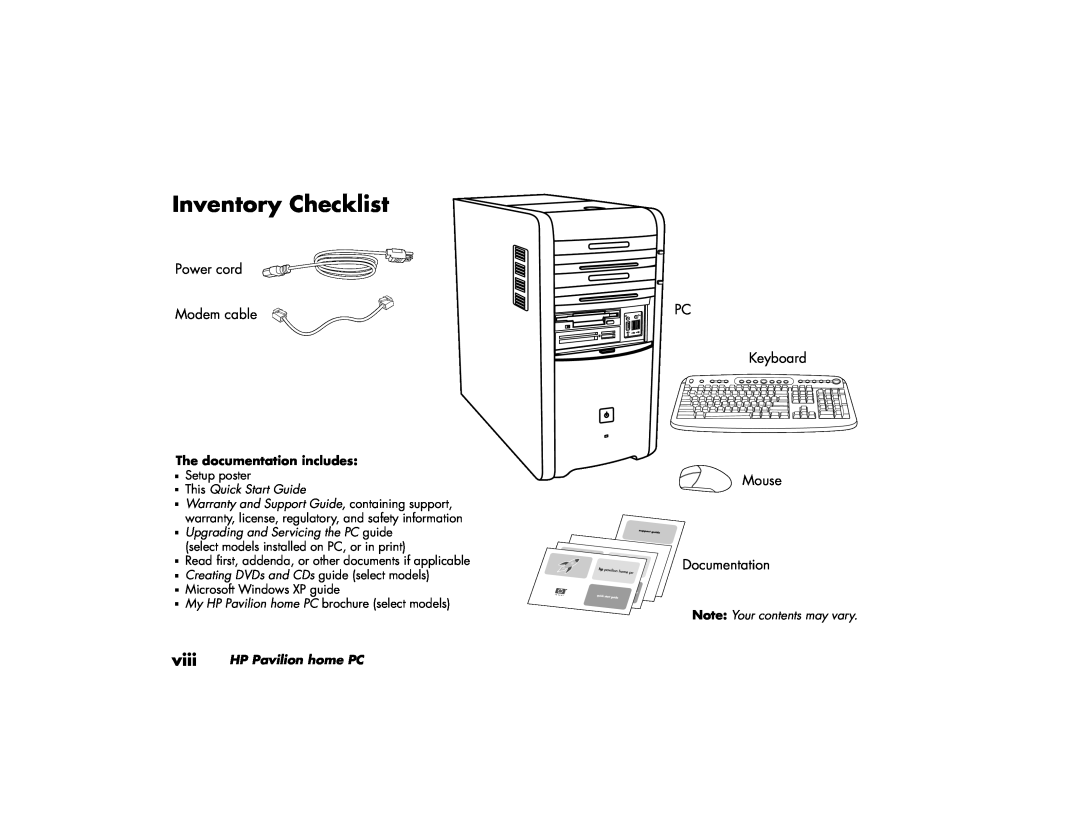 HP a290n (US/CAN) manual Inventory Checklist, viii, The documentation includes, This Quick Start Guide, HP Pavilion home PC 