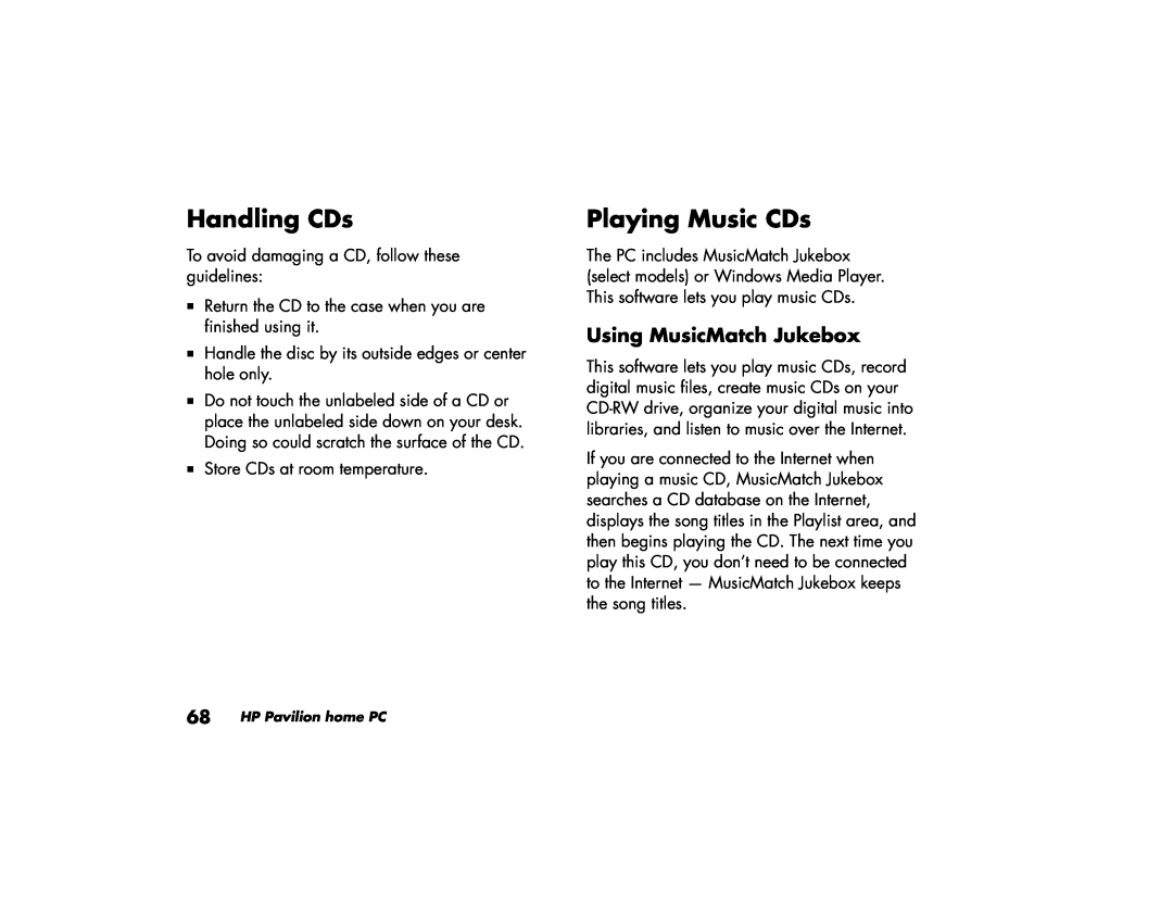 HP a250y (D7219X), 746c (US/CAN), 716n (US), 526x (US), 576x (US) Handling CDs, Playing Music CDs, Using MusicMatch Jukebox 