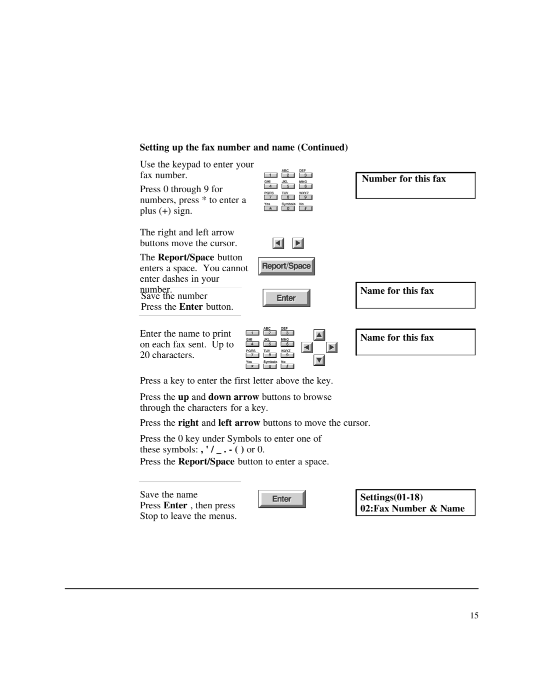 HP 750 Fax Setting up the fax number and name, Number for this fax Name for this fax, Settings01-18 02Fax Number & Name 