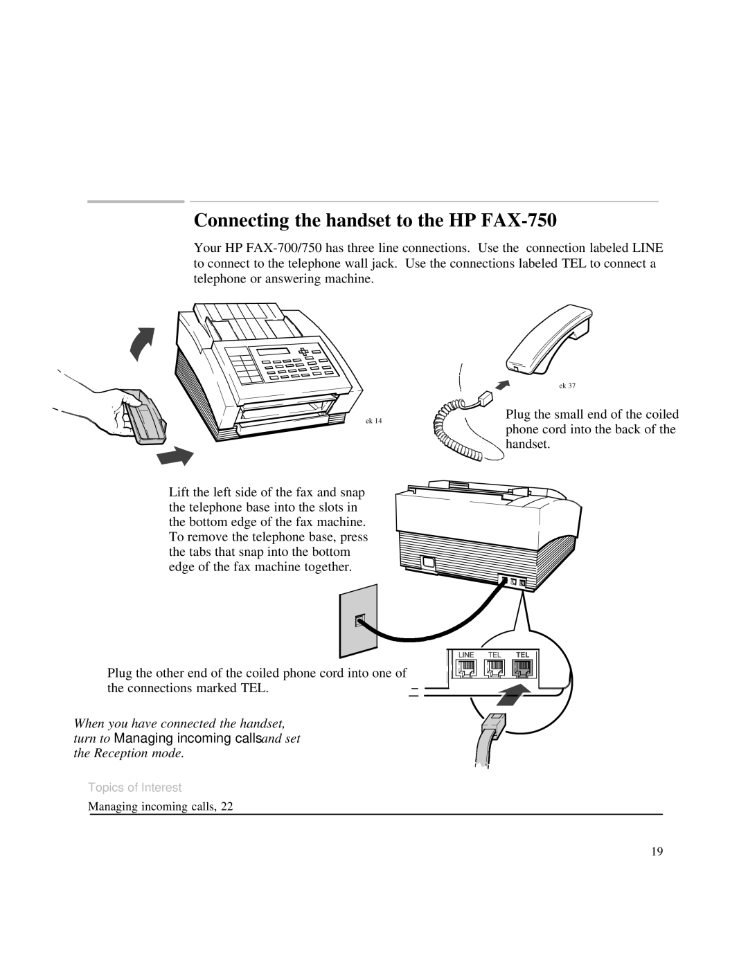 HP 750 Fax manual Connecting the handset to the HP FAX-750 