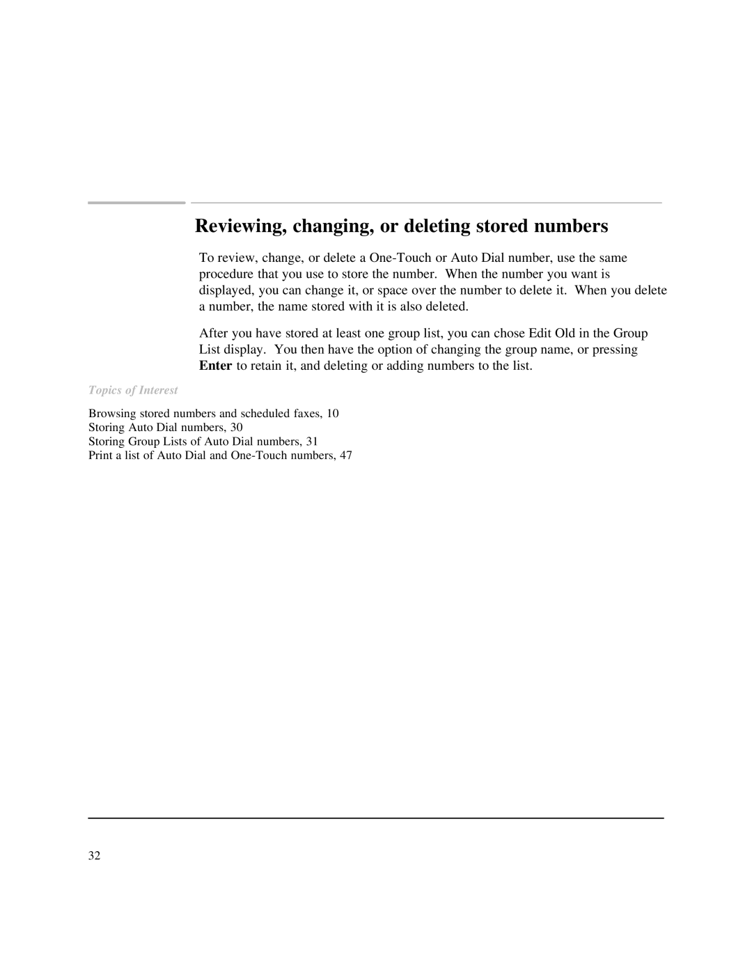 HP 750 Fax manual Reviewing, changing, or deleting stored numbers 