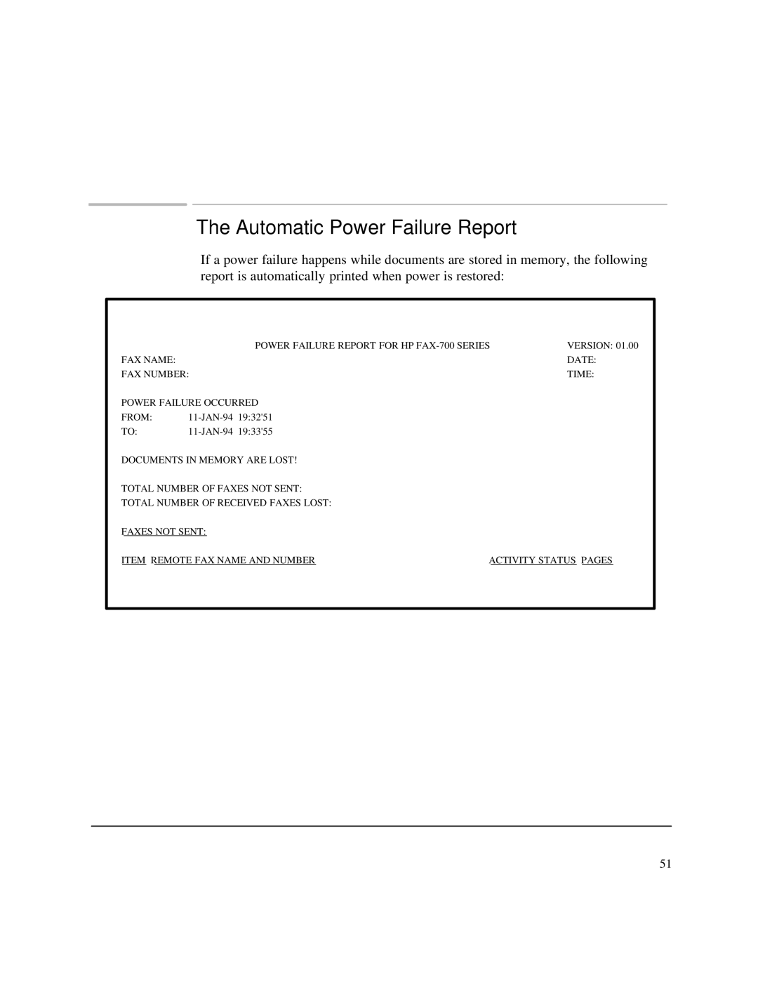 HP 750 Fax manual Automatic Power Failure Report 