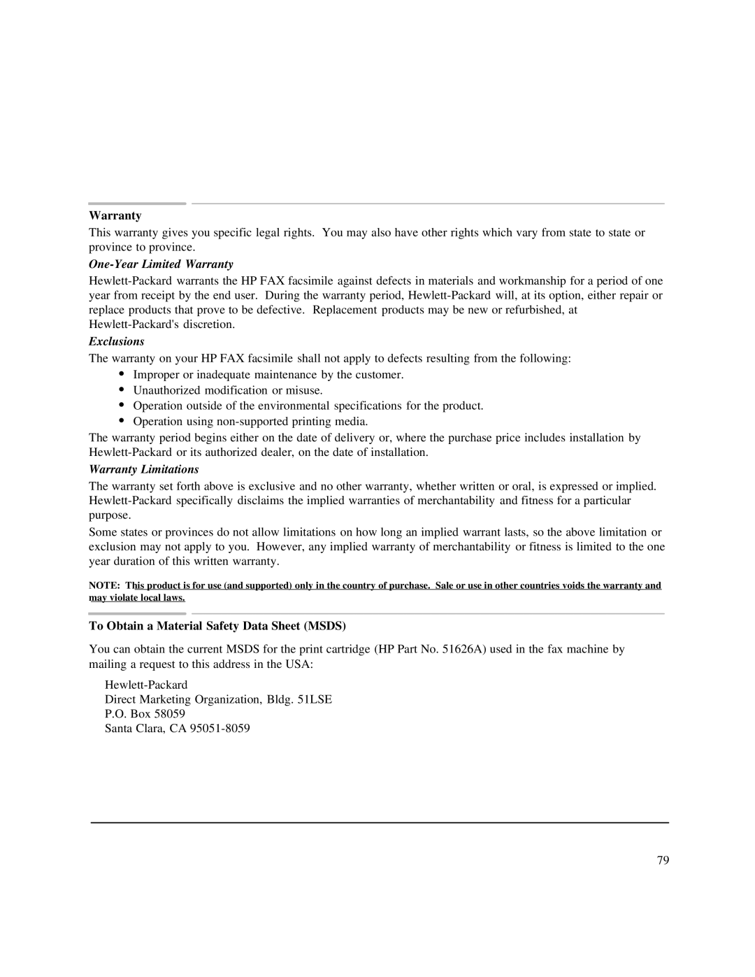 HP 750 Fax manual Warranty, To Obtain a Material Safety Data Sheet Msds 